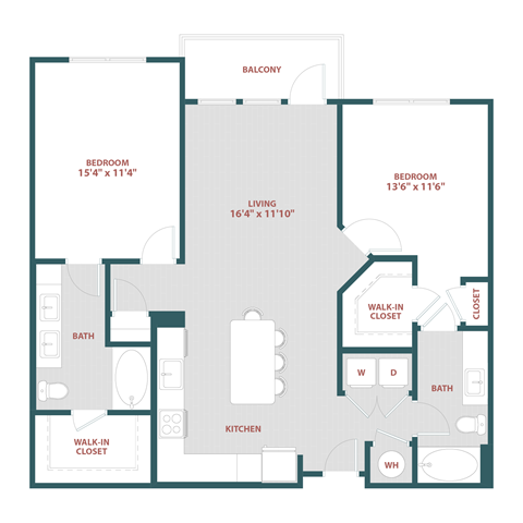 Floor plan for 2 beds, 2 baths, 1130 sqft